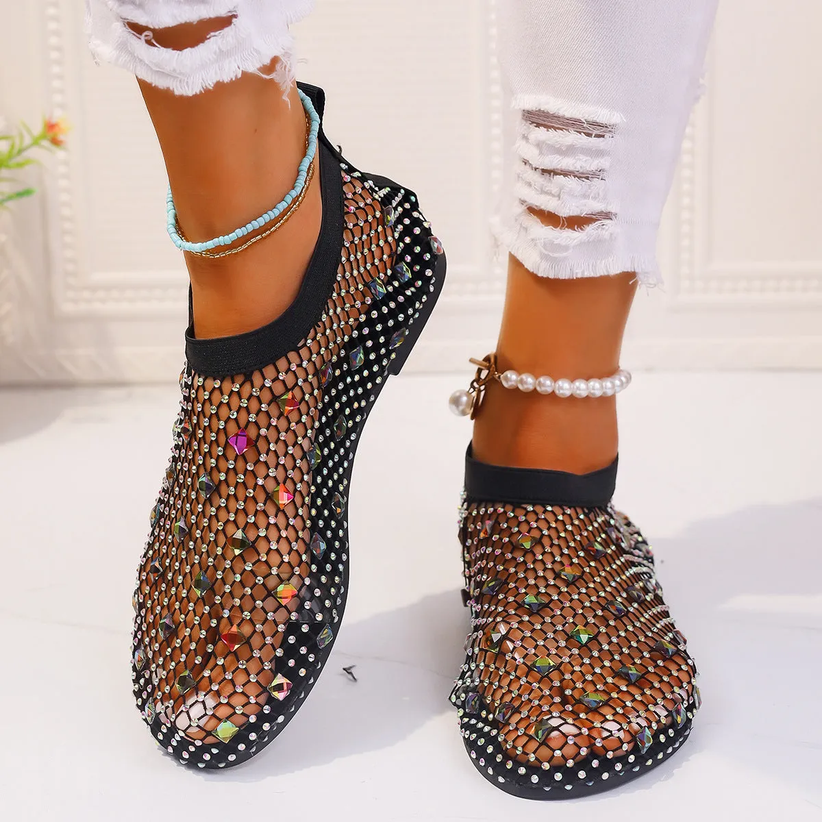 Women's colourful rhinestone mesh flat sandals with round toe and rubber sole