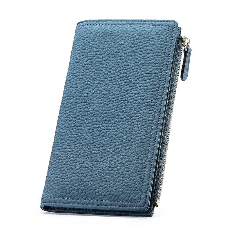 Women's cowhide anti-magnetic long wallet in black with multiple card slots and RFID blocking