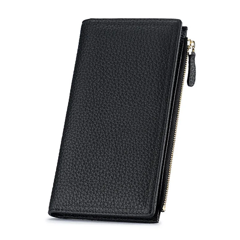 Women's cowhide anti-magnetic long wallet in black with multiple card slots and RFID blocking