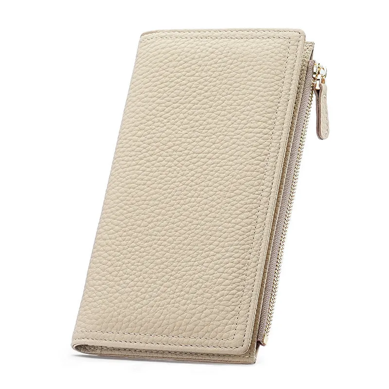 Women's cowhide anti-magnetic long wallet in black with multiple card slots and RFID blocking