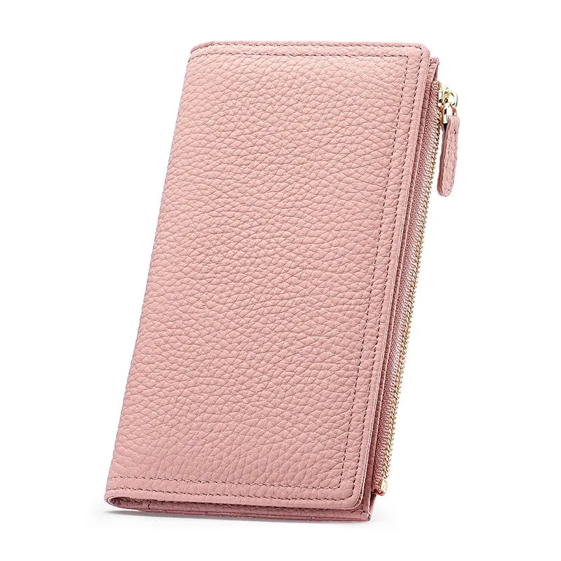 Women's cowhide anti-magnetic long wallet in black with multiple card slots and RFID blocking