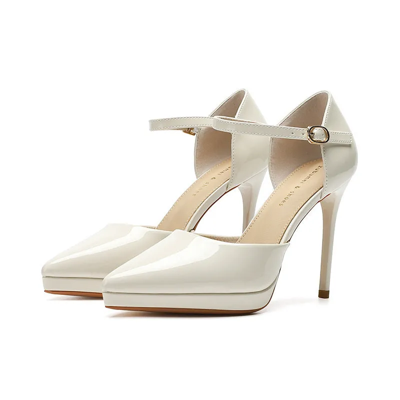 Pointed-toe waterproof platform women's high heels with 10.5cm stiletto heel in black leather with hollow cut-out sides