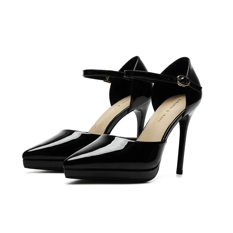 Pointed-toe waterproof platform women's high heels with 10.5cm stiletto heel in black leather with hollow cut-out sides