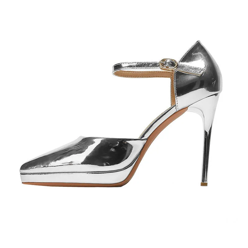 Pointed-toe waterproof platform women's high heels with 10.5cm stiletto heel in black leather with hollow cut-out sides