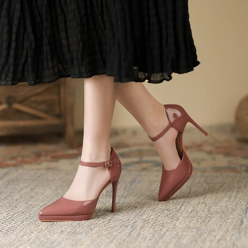 Pointed-toe waterproof platform women's high heels with 10.5cm stiletto heel in black leather with hollow cut-out sides