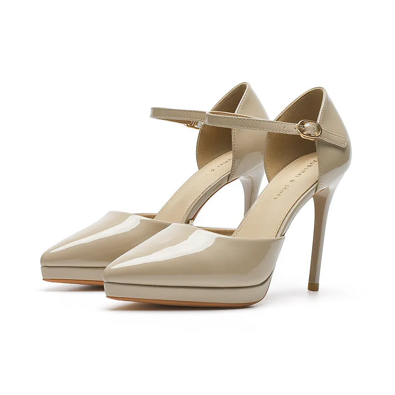 Pointed-toe waterproof platform women's high heels with 10.5cm stiletto heel in black leather with hollow cut-out sides
