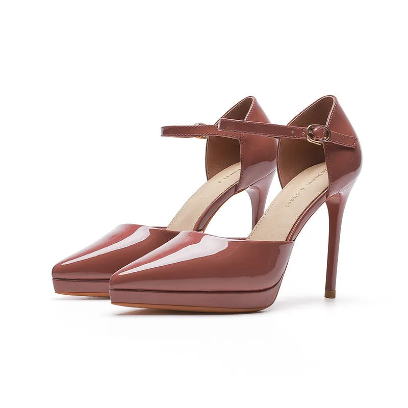 Pointed-toe waterproof platform women's high heels with 10.5cm stiletto heel in black leather with hollow cut-out sides