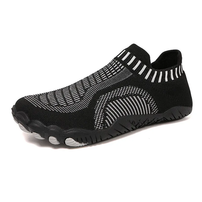 Non-slip quick-drying wading shoes with lycra upper and rubber sole in black, side view