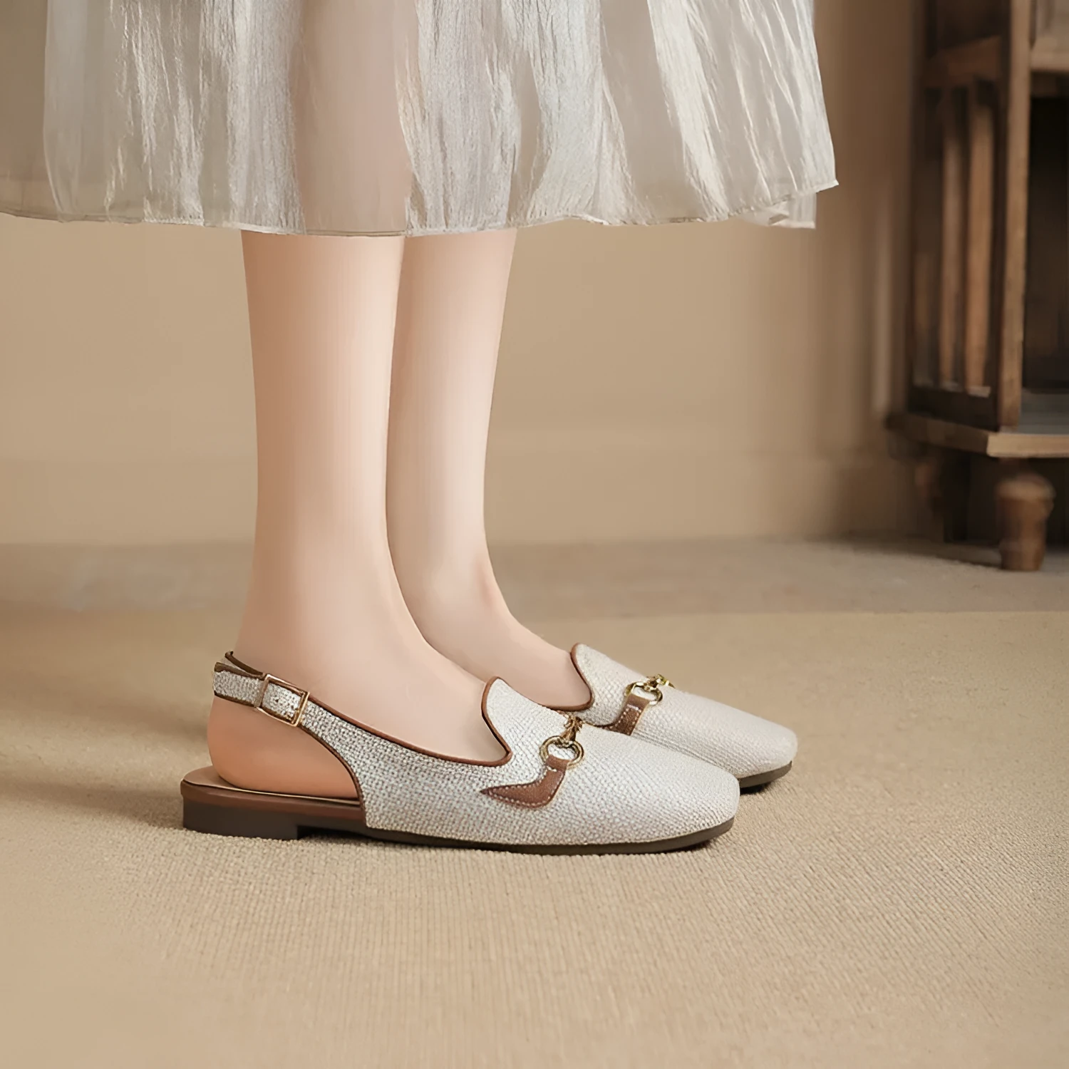Women's Korean-style closed toe casual sandals with metal chain, square toe, and ankle-strap buckle in beige white