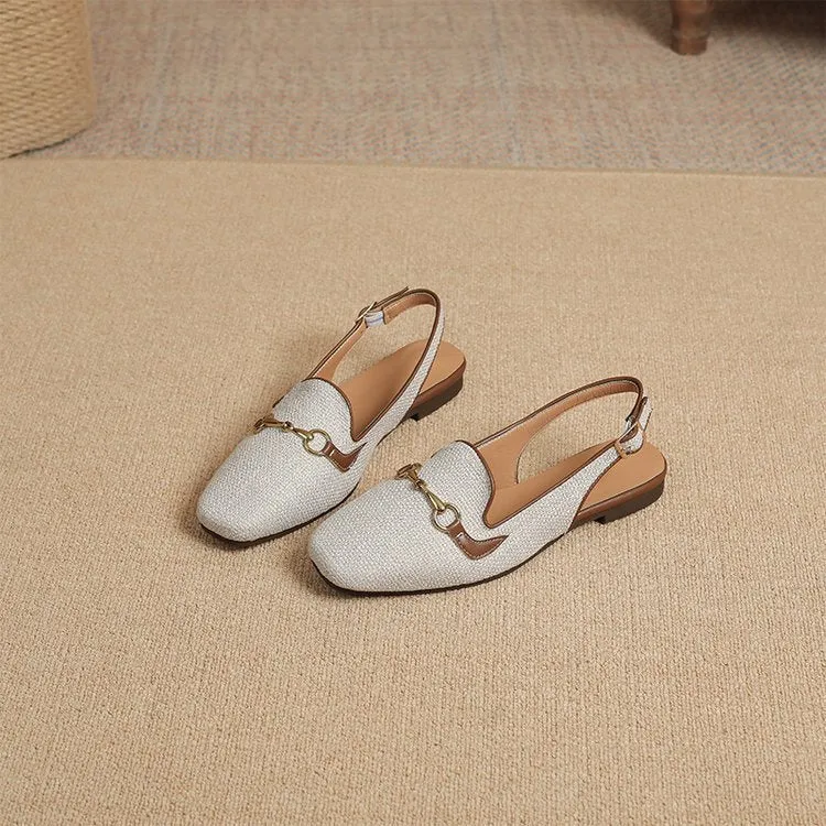 Women's Korean-style closed toe casual sandals with metal chain, square toe, and ankle-strap buckle in beige white