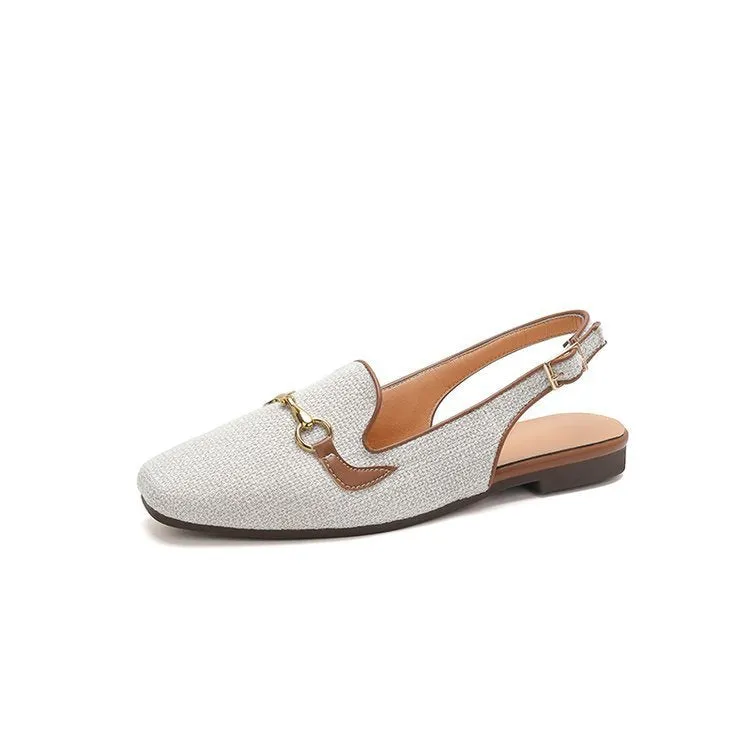 Women's Korean-style closed toe casual sandals with metal chain, square toe, and ankle-strap buckle in beige white
