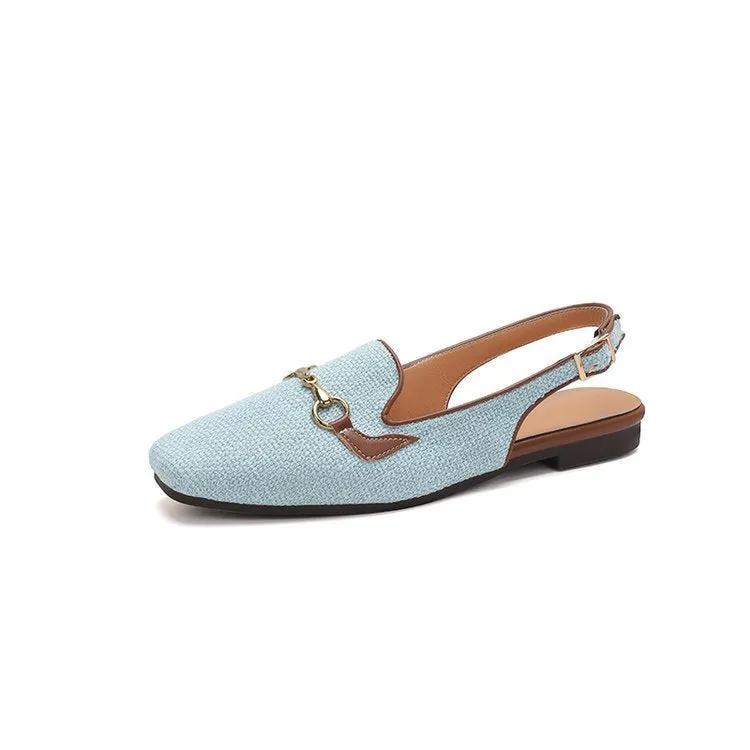 Women's Korean-style closed toe casual sandals with metal chain, square toe, and ankle-strap buckle in beige white