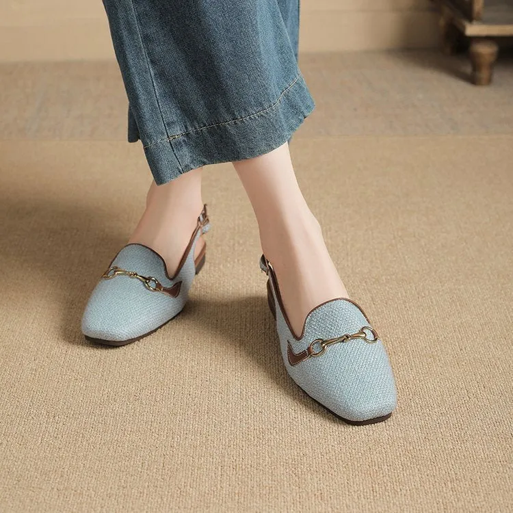 Women's Korean-style closed toe casual sandals with metal chain, square toe, and ankle-strap buckle in beige white