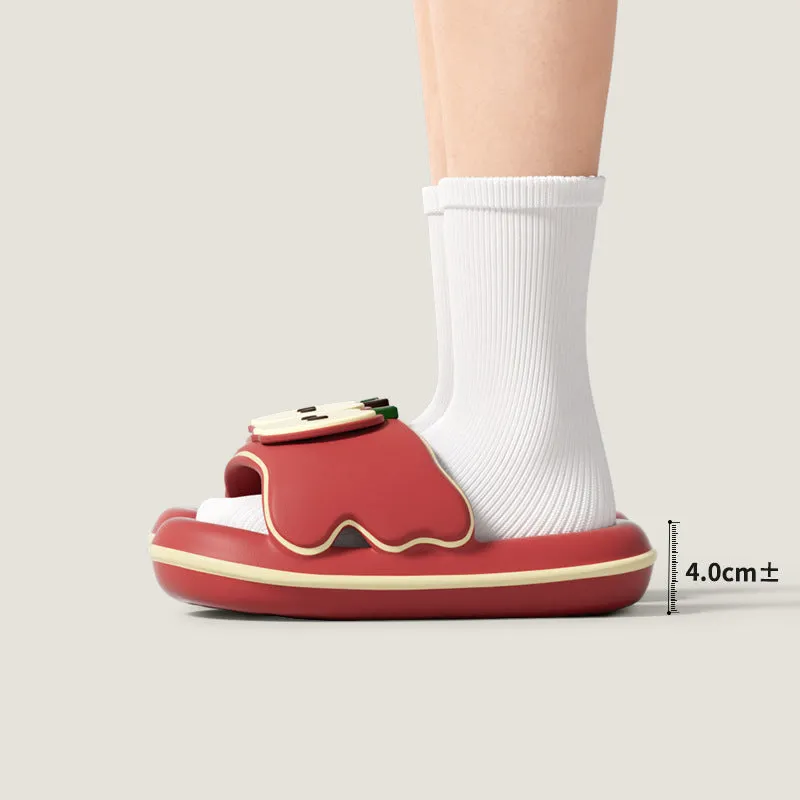 Cute cartoon flip flops for men and women in red, blue, cyan, pink made from EVA material, side view