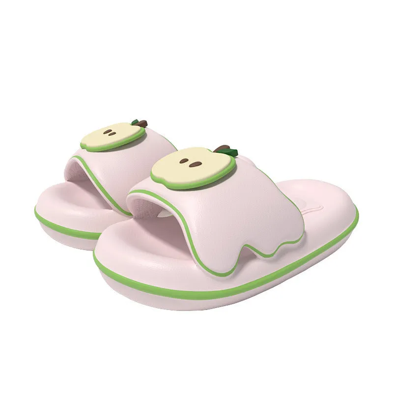 Cute cartoon flip flops for men and women in red, blue, cyan, pink made from EVA material, side view
