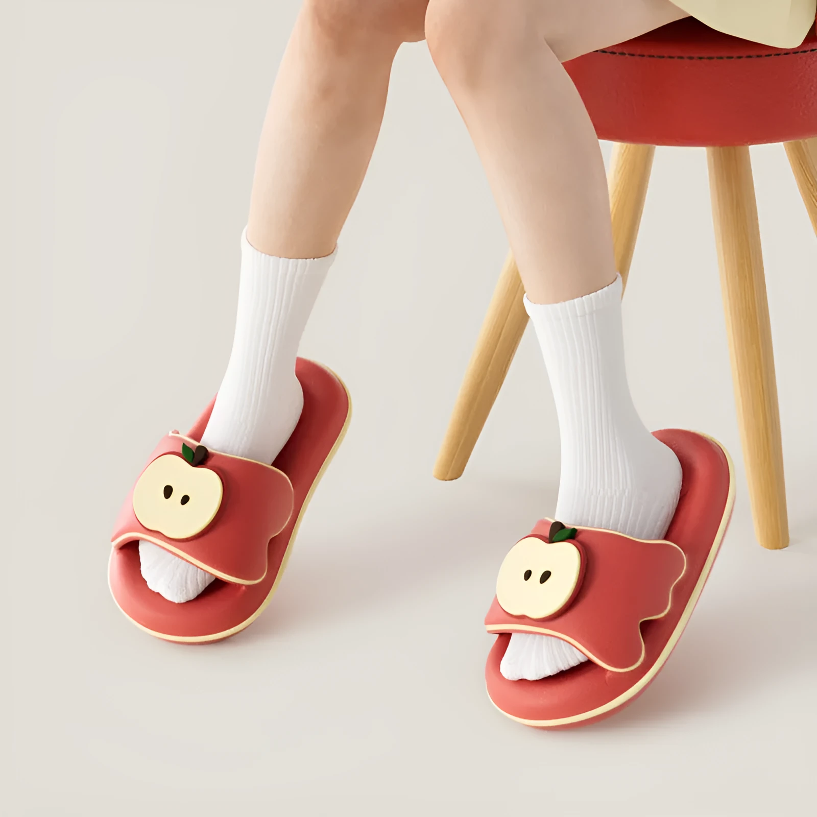 Cute cartoon flip flops for men and women in red, blue, cyan, pink made from EVA material, side view