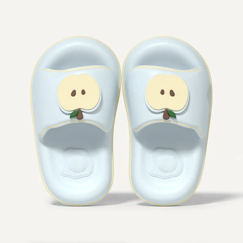 Cute cartoon flip flops for men and women in red, blue, cyan, pink made from EVA material, side view