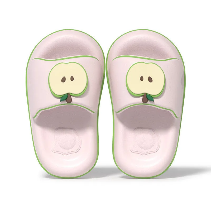 Cute cartoon flip flops for men and women in red, blue, cyan, pink made from EVA material, side view