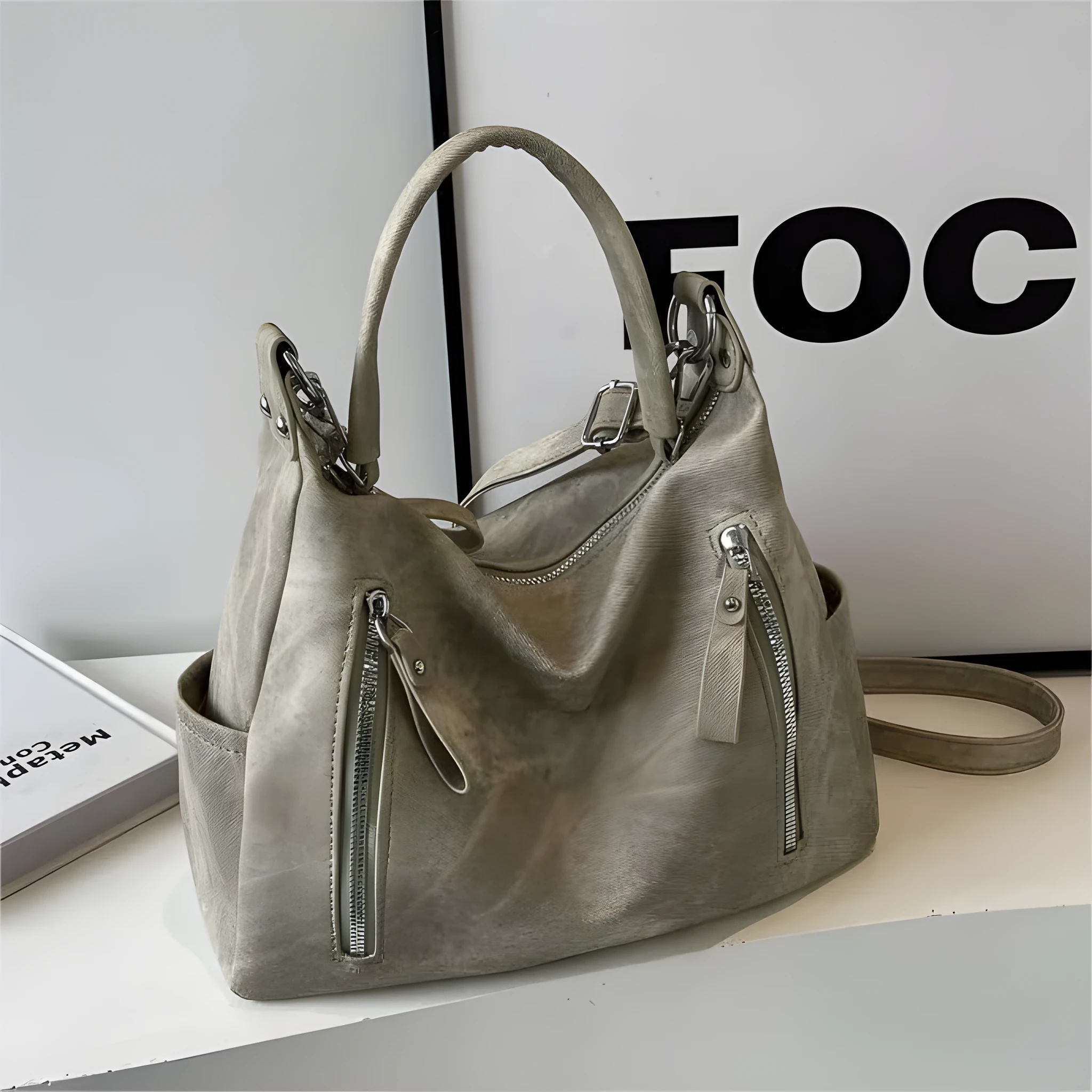 Large capacity women's casual shoulder bag in PU with sewing thread detail, available in denim blue, khaki, dark brown, light blue