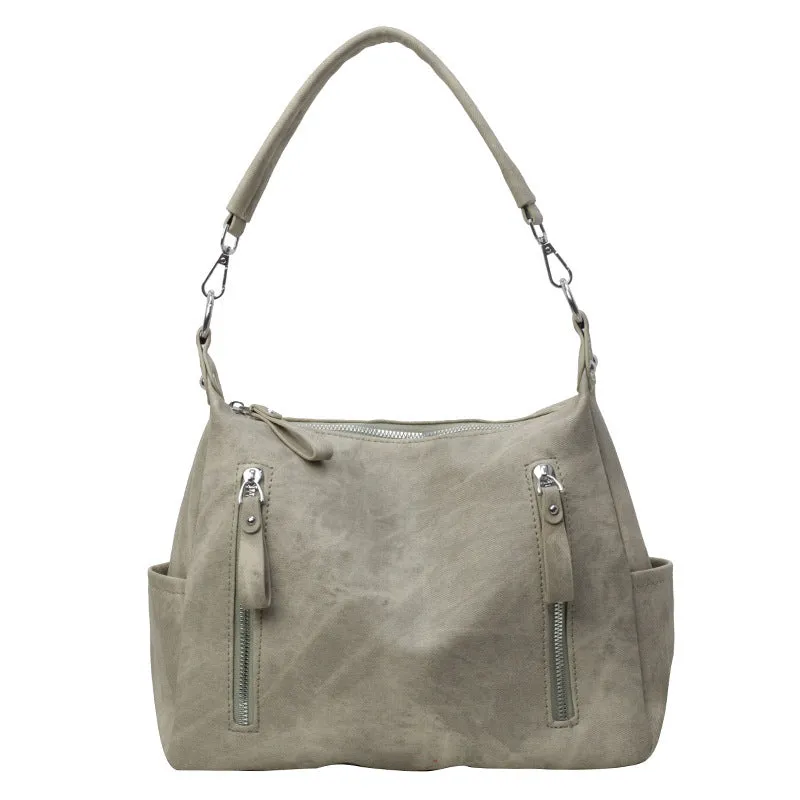 Large capacity women's casual shoulder bag in PU with sewing thread detail, available in denim blue, khaki, dark brown, light blue