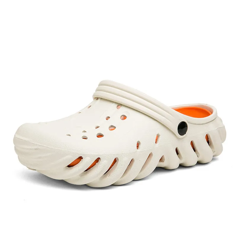Men's beige EVA slipper sandals with hollow out design and round toe on a plain background.