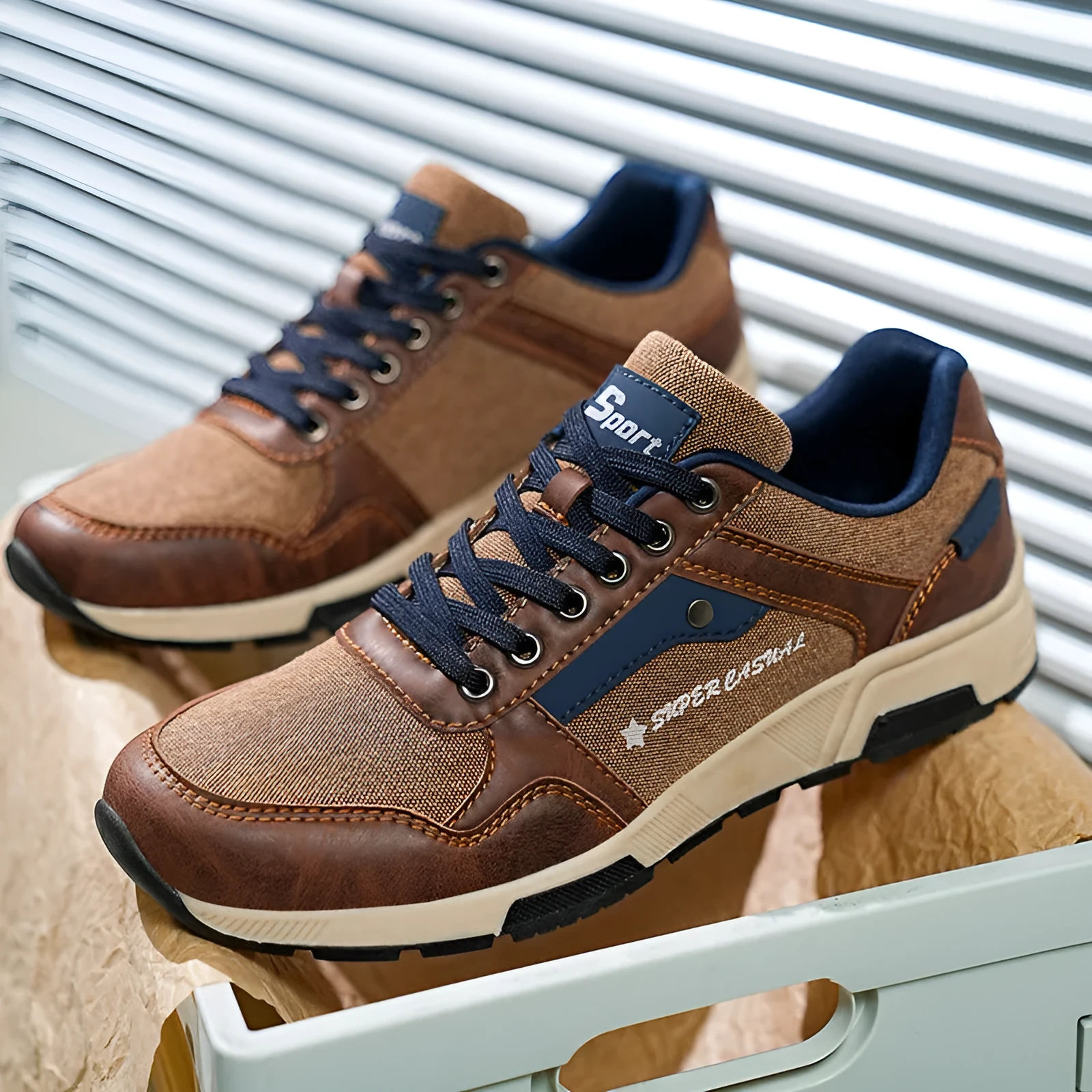 Men's casual retro plus size outdoor shoes in solid colour with EVA sole, artificial leather upper, front lace-up, flat heel, round toe