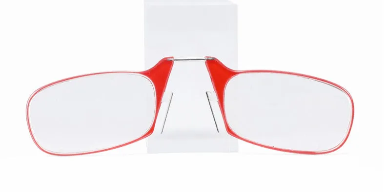 Legless nose clip reading glasses in multiple colours with ultra-thin case for elderly portable use
