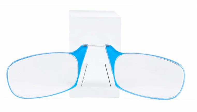 Legless nose clip reading glasses in multiple colours with ultra-thin case for elderly portable use