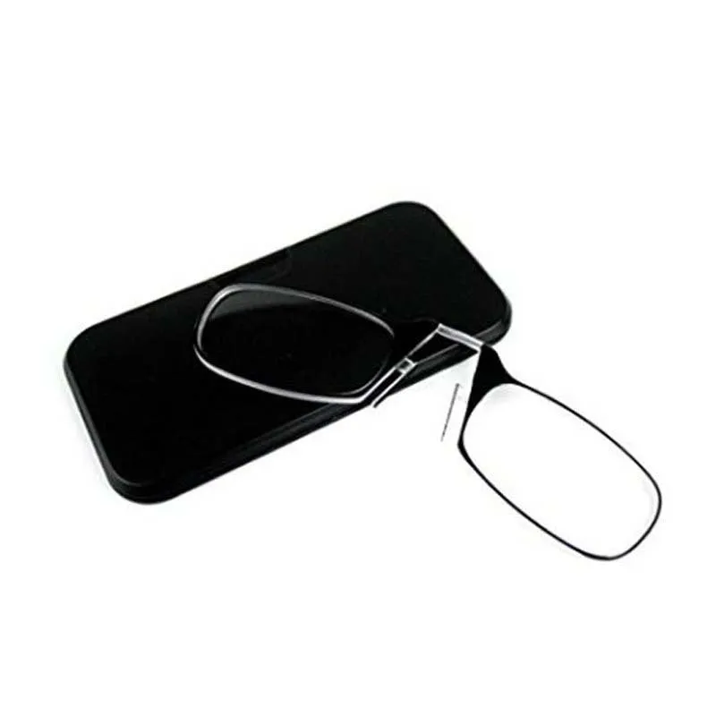 Legless nose clip reading glasses in multiple colours with ultra-thin case for elderly portable use