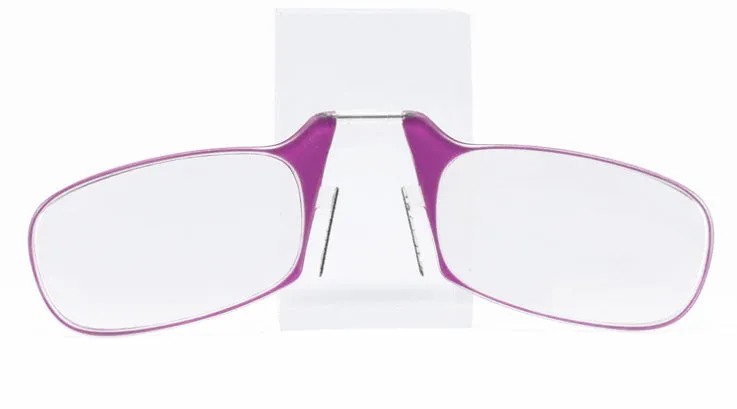 Legless nose clip reading glasses in multiple colours with ultra-thin case for elderly portable use