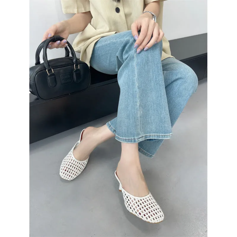 Closed toe weaving hollow sandals for women sheepskin cowhide upper PU sole black and white sizes 35 to 43