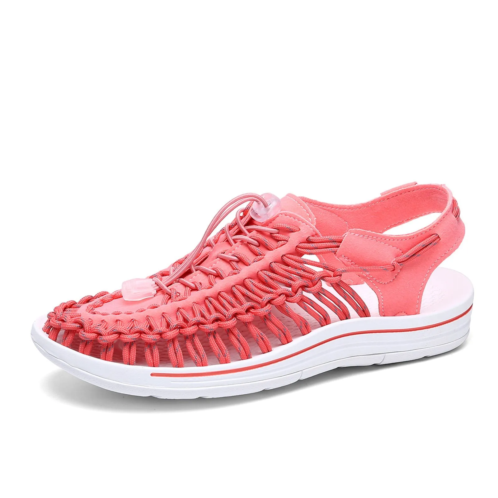 Woven Roman-style sandals with elastic drawstrings in rainbow colour on a rubber sole.