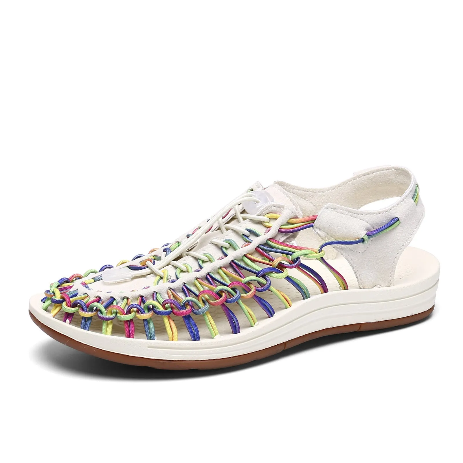 Woven Roman-style sandals with elastic drawstrings in rainbow colour on a rubber sole.