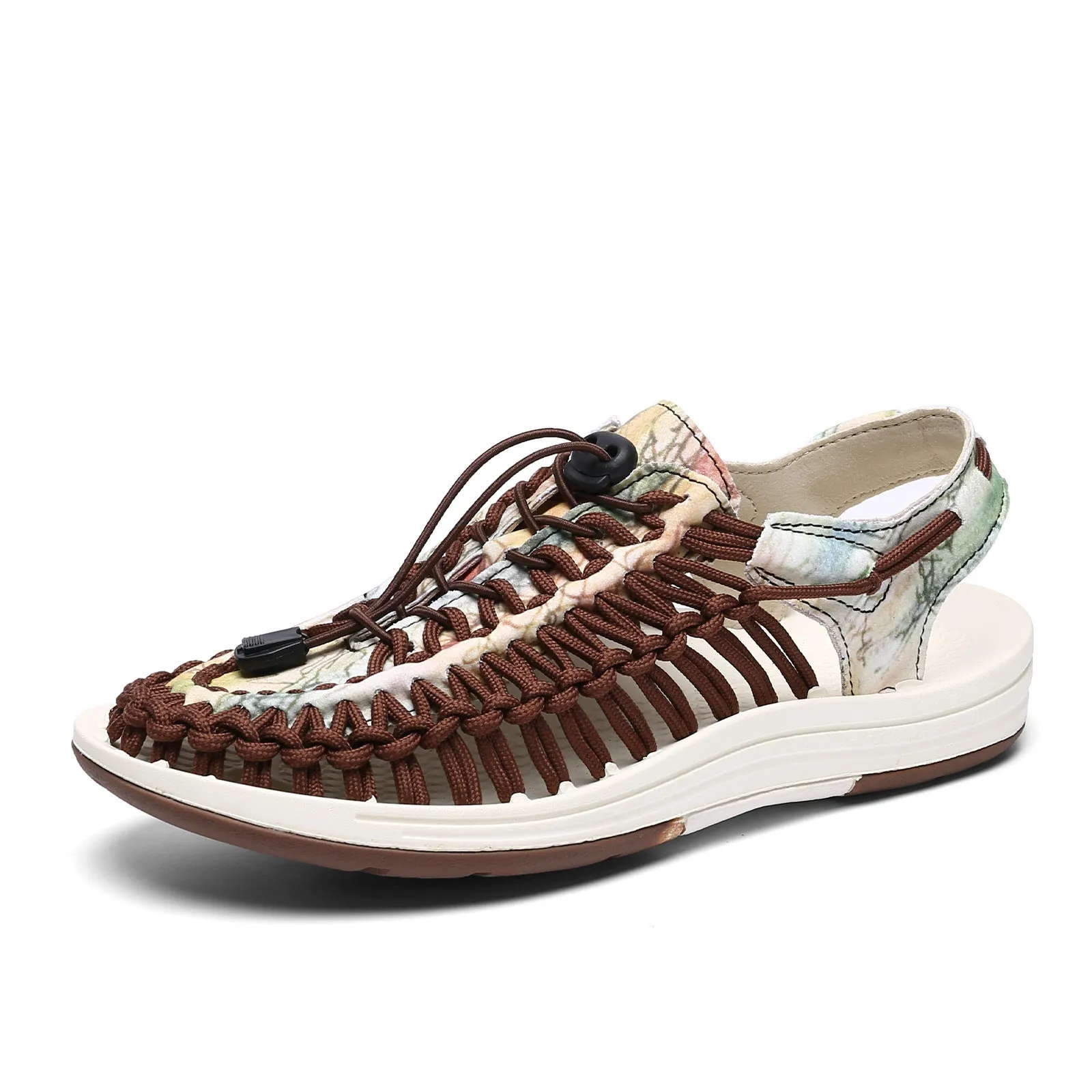 Woven Roman-style sandals with elastic drawstrings in rainbow colour on a rubber sole.