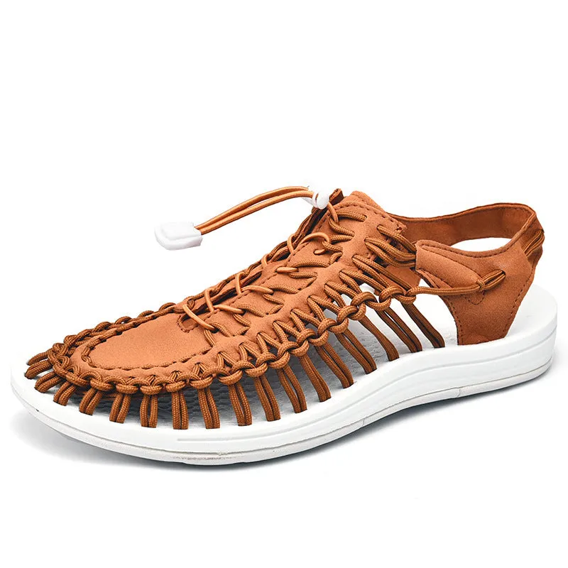 Woven Roman-style sandals with elastic drawstrings in rainbow colour on a rubber sole.