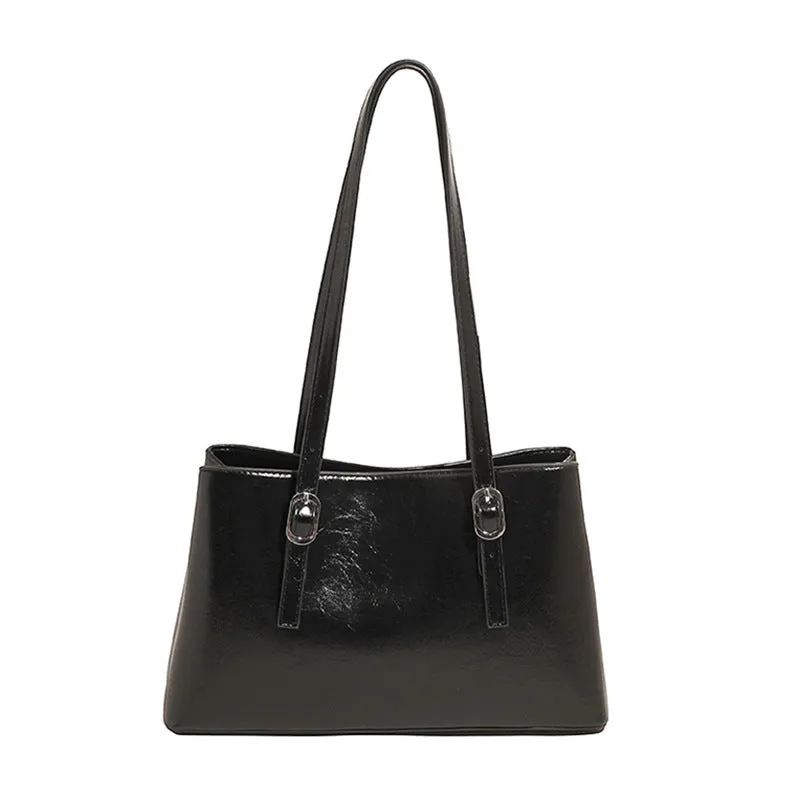 Retro underarm shoulder bag in PU material with horizontal square shape, double jointed strap, and sandwich pocket – large capacity handbag