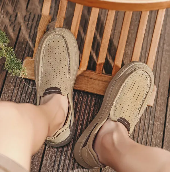 Breathable hollow leather slip-on men's casual shoes in black and khaki with two-layer cowhide upper