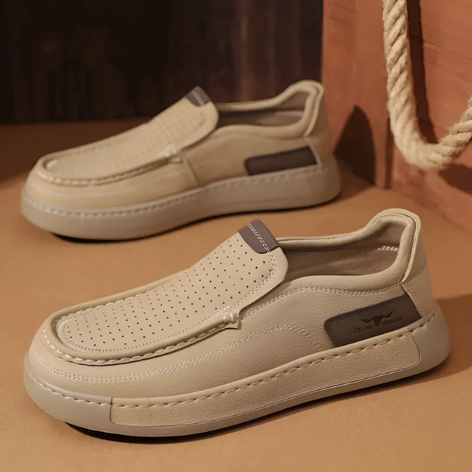 Breathable hollow leather slip-on men's casual shoes in black and khaki with two-layer cowhide upper