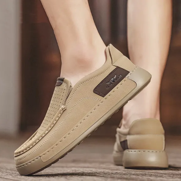 Breathable hollow leather slip-on men's casual shoes in black and khaki with two-layer cowhide upper