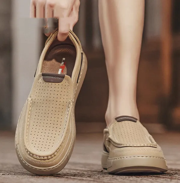 Breathable hollow leather slip-on men's casual shoes in black and khaki with two-layer cowhide upper