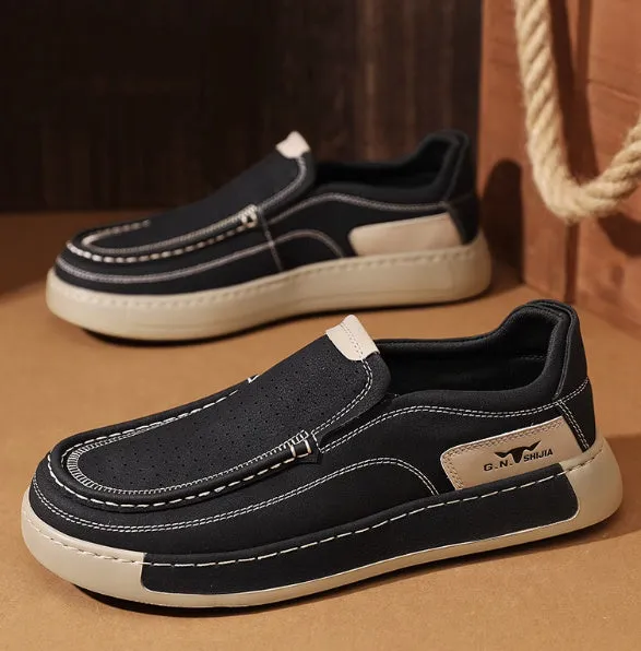 Breathable hollow leather slip-on men's casual shoes in black and khaki with two-layer cowhide upper