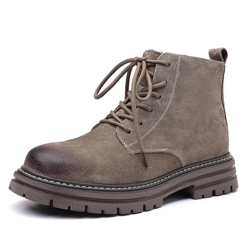 Men's camouflage high-top leather boots with zipper, low heel, round toe, and non-slip rubber sole in gray colour option