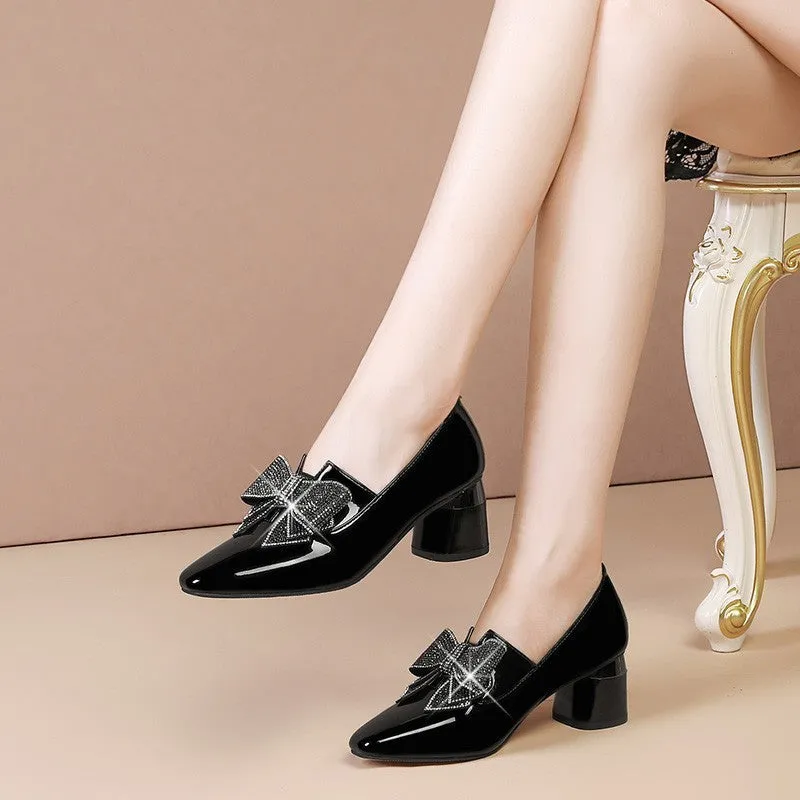 Rhinestone bow high heel women's shoes in black with pointed toe and microfiber upper