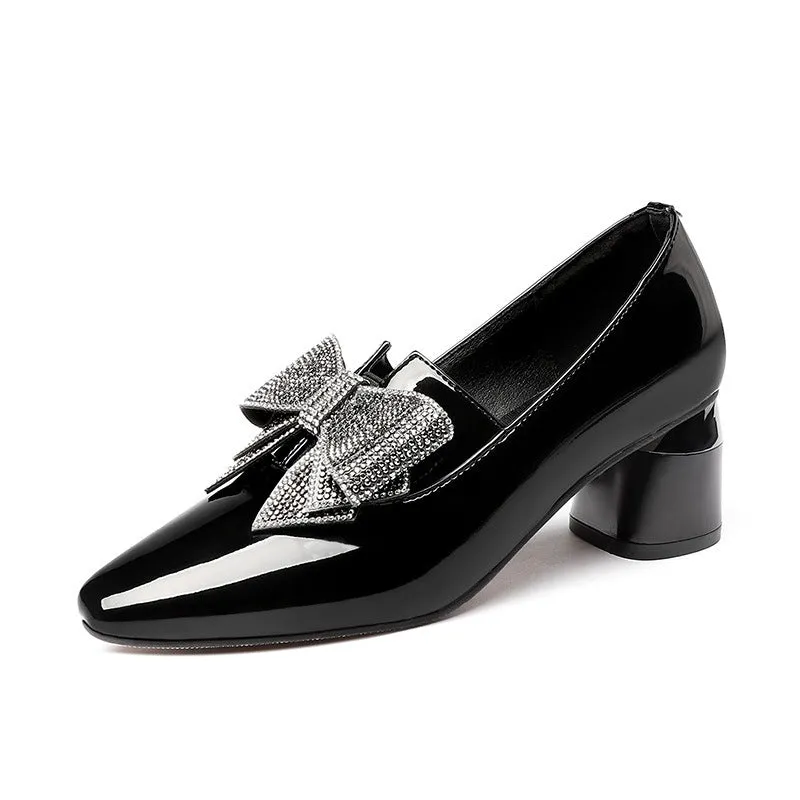 Rhinestone bow high heel women's shoes in black with pointed toe and microfiber upper