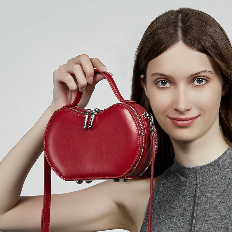Creative fruit leather heart shape cowhide messenger bag in light brown with single shoulder strap