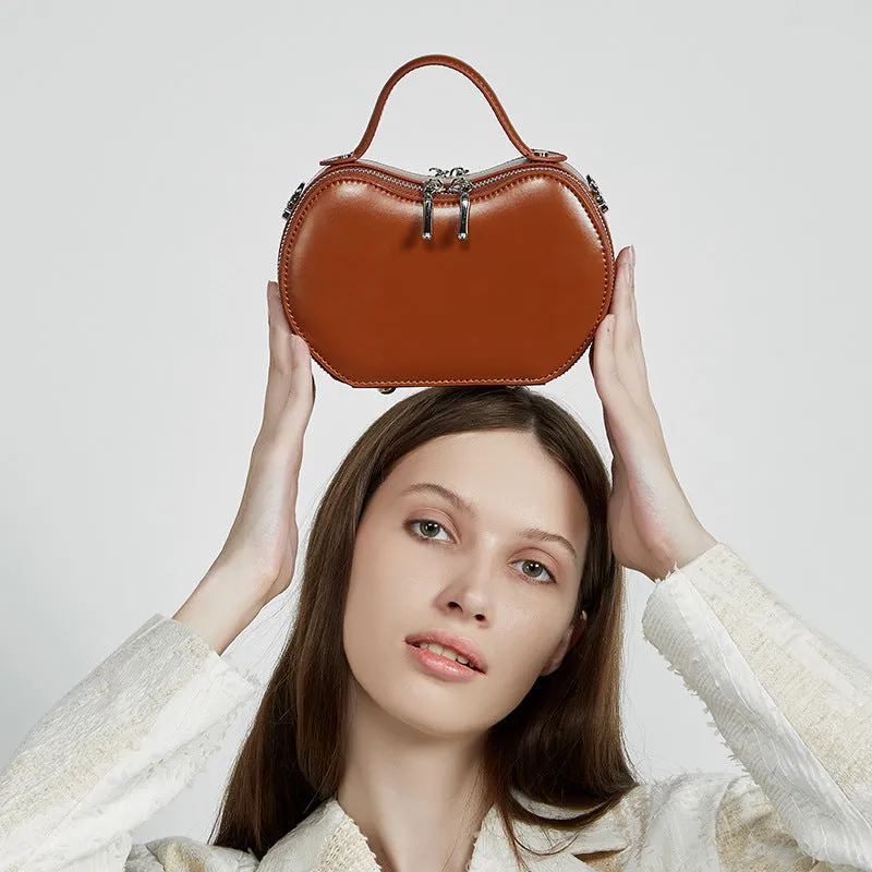 Creative fruit leather heart shape cowhide messenger bag in light brown with single shoulder strap