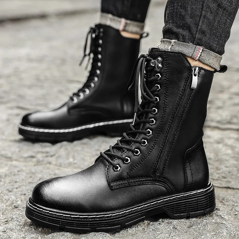 Men's black genuine leather high-top Martin boots with round toe and lace-up closure