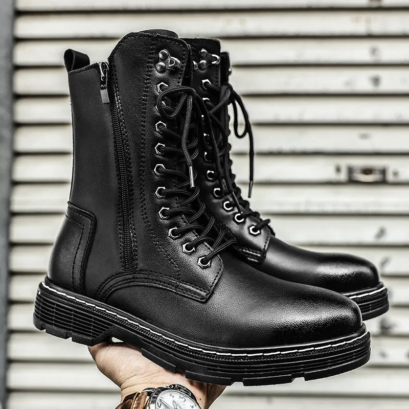 Men's black genuine leather high-top Martin boots with round toe and lace-up closure
