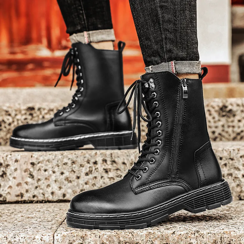 Men's black genuine leather high-top Martin boots with round toe and lace-up closure