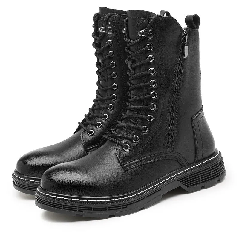 Men's black genuine leather high-top Martin boots with round toe and lace-up closure